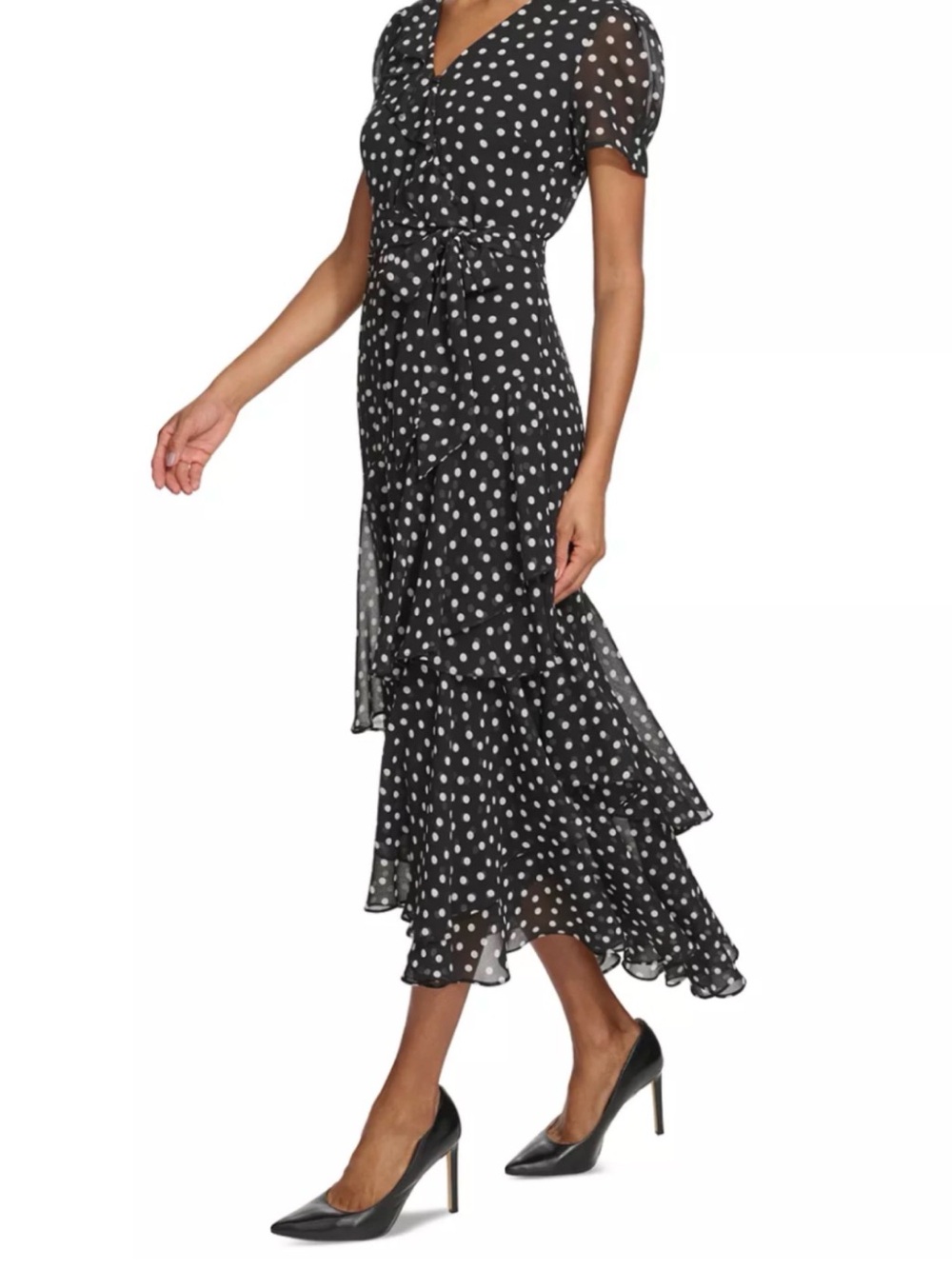 Karl Lagerfeld Black and White Polka Dot Midi Ruffle Wrap Dress
